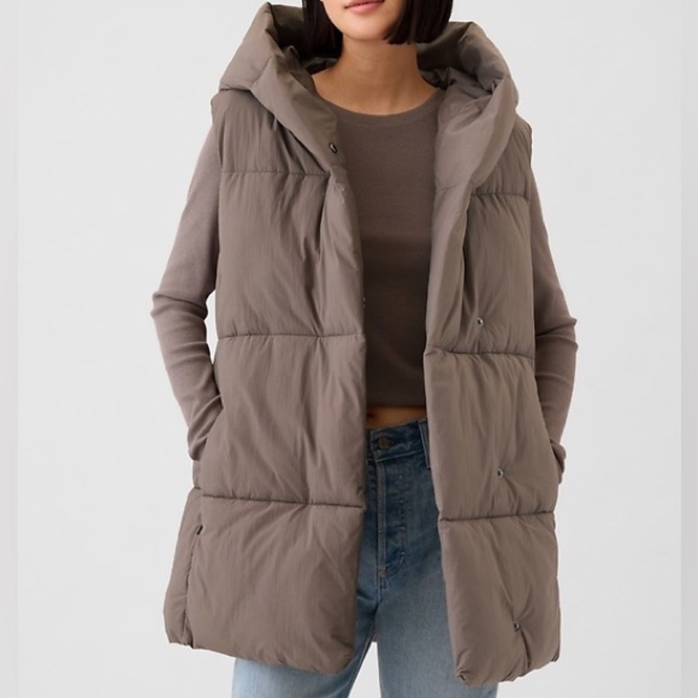 🛑 GAP Duvet Wrap Puffer Vest Jacket with Hood and Belt (M - Gray)